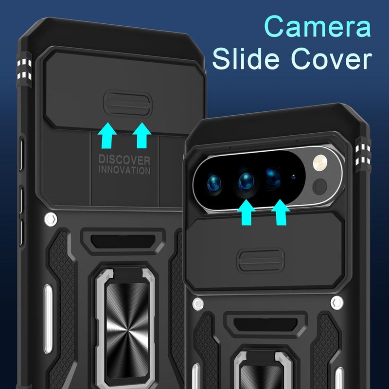 DEERLAMN Case for Google Pixel 10 Pro XL with Slide Camera Cover+Screen Protector(1 Pack), Rotated Ring Kickstand Military Grade Shockproof Protective Cover-Black - Image 2
